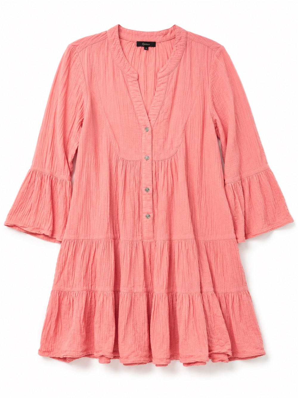 Quince Organic Cotton Gauze Tiered Dress M Coral Pink Boho Bell Sleeve - Picture 4 of 7